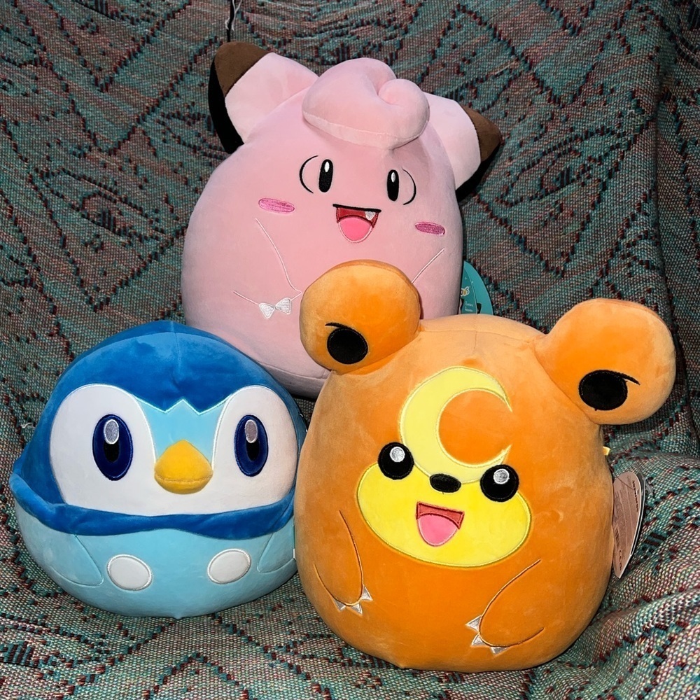 Squishmallows Pink, Blue, and Orange Plush Set Teddiursa Piplup Clefairy Pokemon